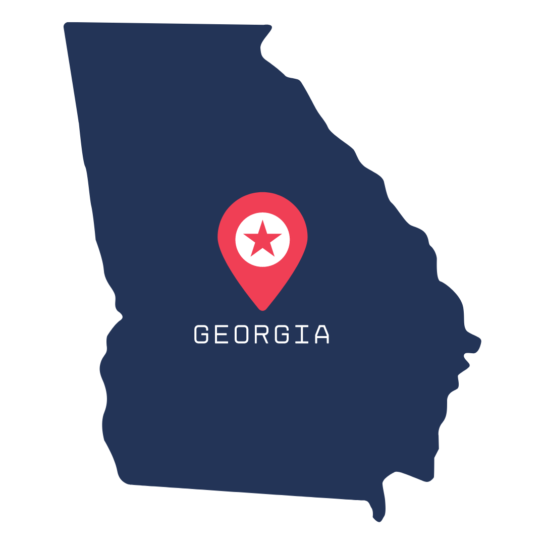 Map of Georgia, red pin with white star indicating state location.