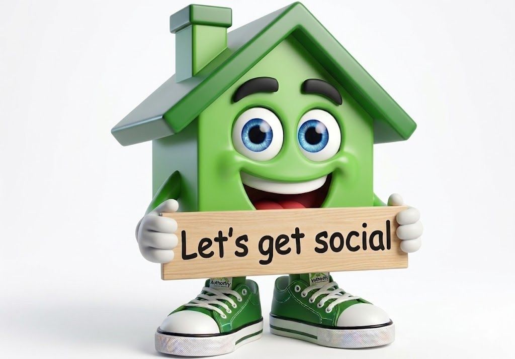 Cartoon house character holding a 'Let's Get Social' sign in bright green and black on a white backg…