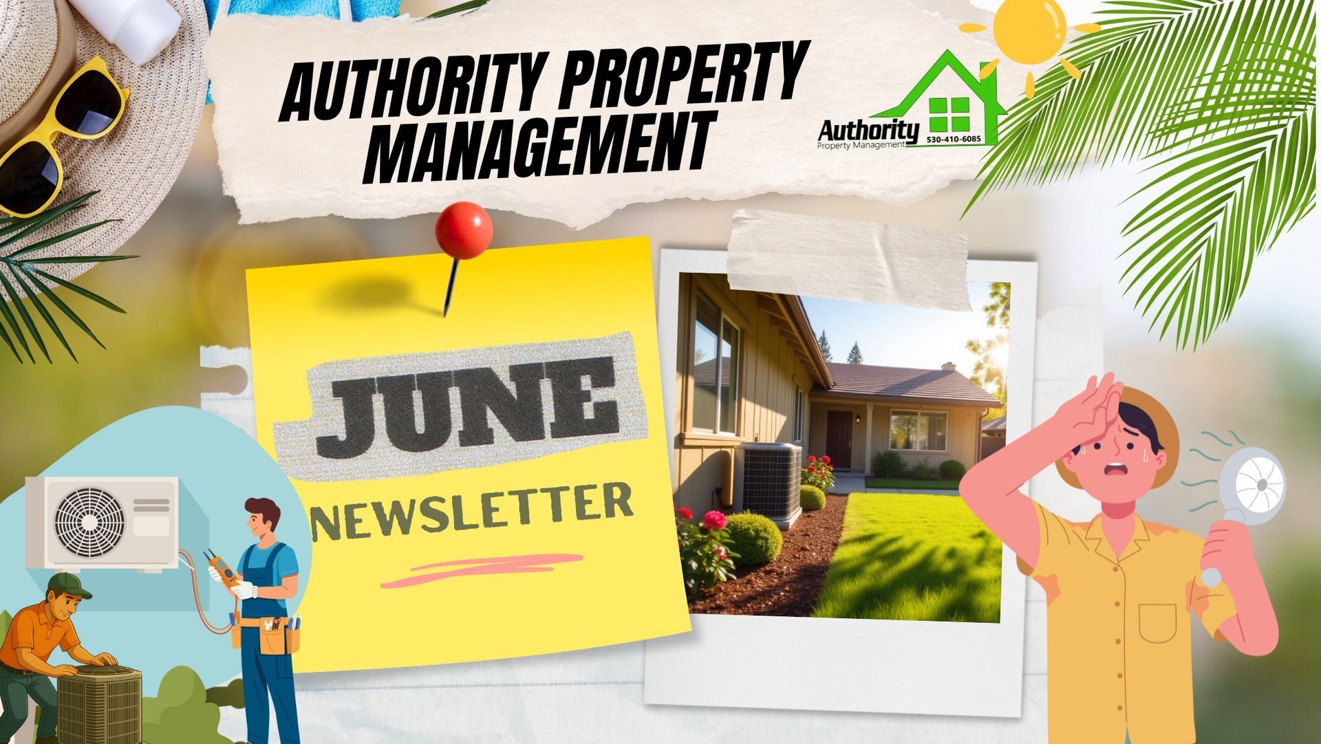 Colorful June newsletter graphic for Authority Property Management with house photo, sun, palm leaf,
