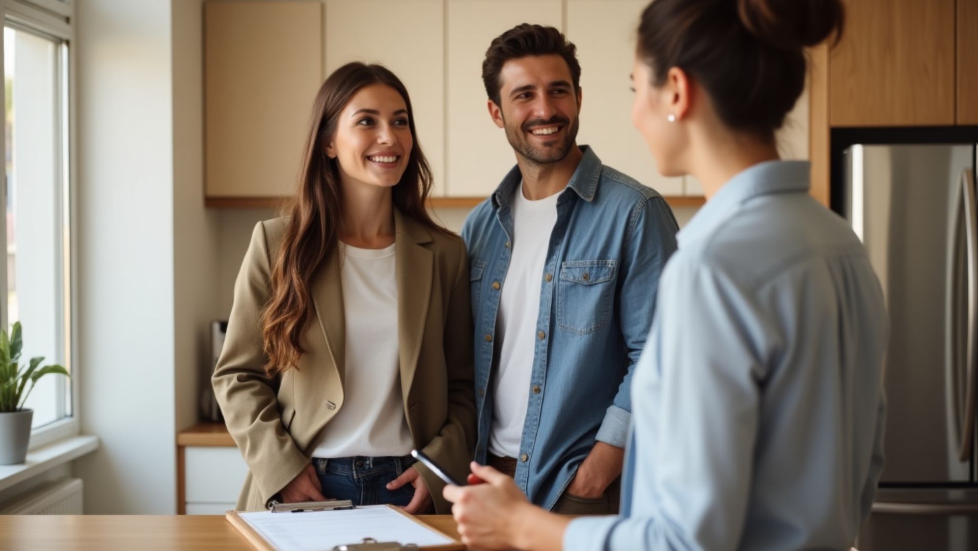 Smiling couple in modern kitchen speaking with woman holding clipboard, suggesting real estate or home consultation.