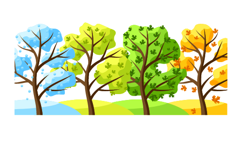 A colorful illustration showcasing a row of trees in various shades representing the four seasons: winter, spring, summer, and autumn.