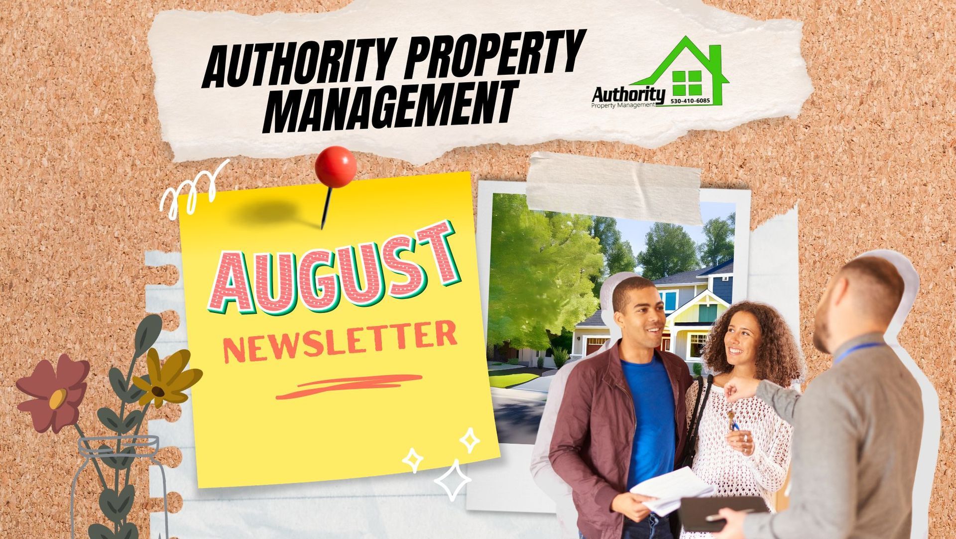 Collage with 'August Newsletter,' Authority Property Management logos, and a photo of a smiling couple talking to a man by a house.
