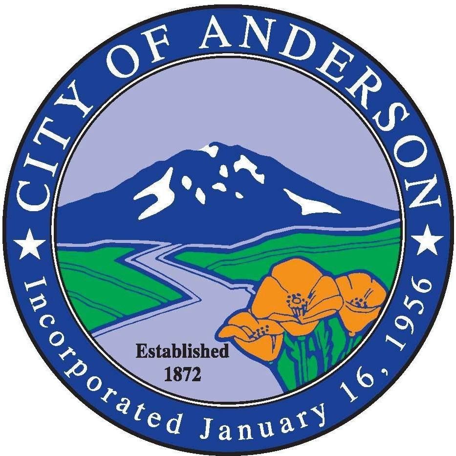 The official seal of the city of anderson, featuring a mountainous landscape with a river, green fields, and california poppies, with the dates of establishment (1872) and incorporation (january 16, 1956) indicated.