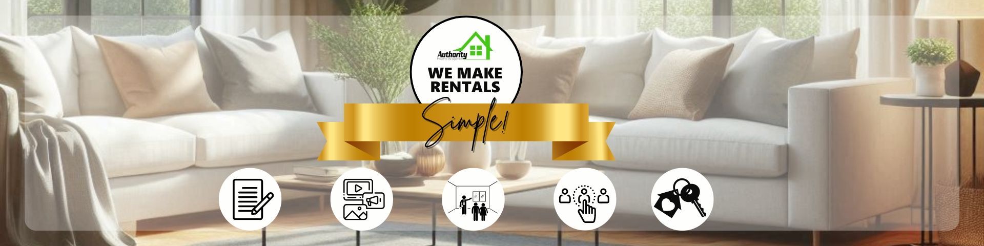 Banner with 'We make renting simple!' slogan, Authority Leasing Agency logo, laptop showing house, and glasses