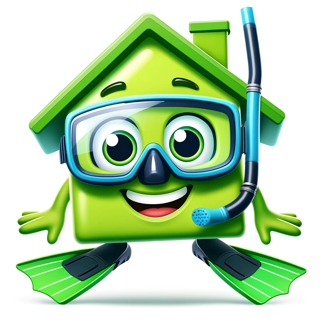 Cheerful green house with diving gear and a wide smile, ready for underwater adventure. Plain white background.