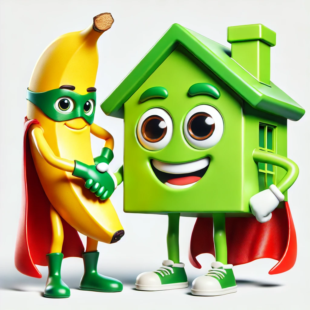 Cartoon banana in superhero gear shaking hands with a cheerful green house character in a red cape.
