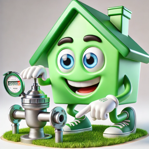 Green house character with wrench and green sneakers standing beside water heater with gauges, promoting home maintenance.
