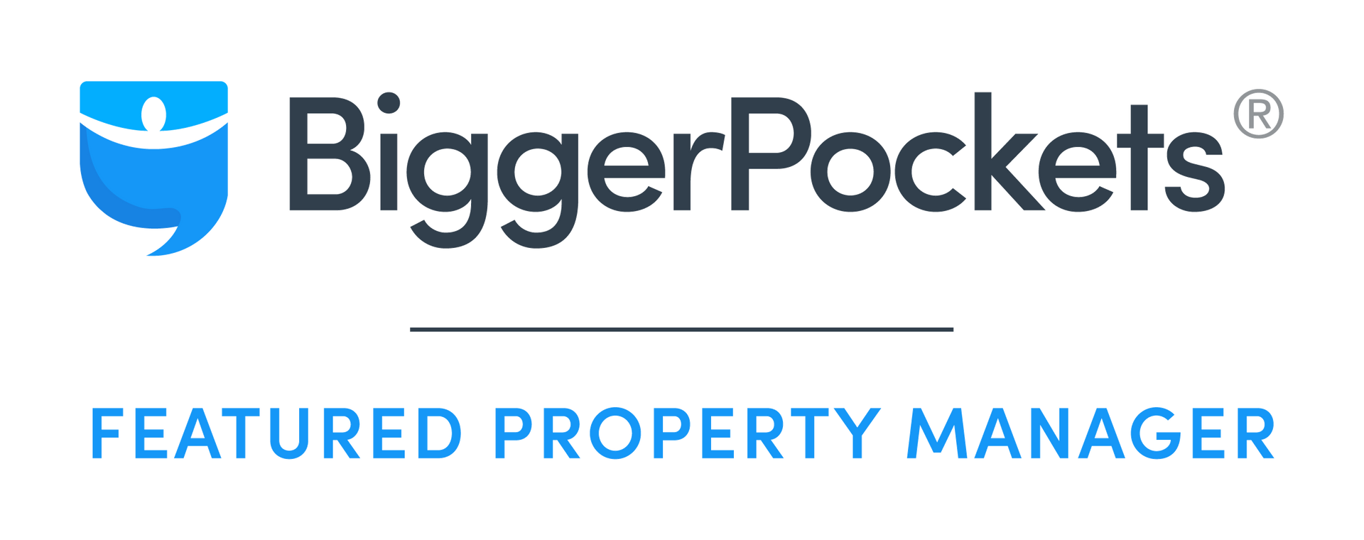 Blue shield icon with 'BiggerPockets' logo, featuring 'Featured Property Manager' banner below.
