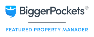 Blue shield icon with 'BiggerPockets' logo, featuring 'Featured Property Manager' banner below.
