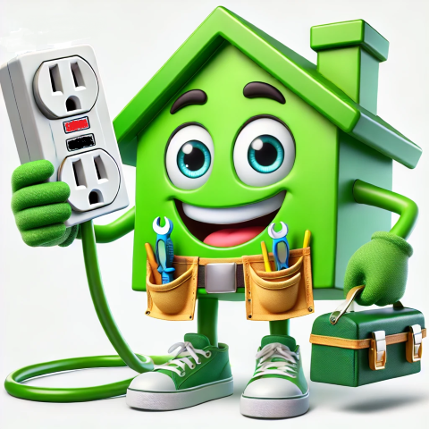 Smiling green house character with toolbox, outlet, and tool belt, symbolizing home electrical maintenance or repair.
