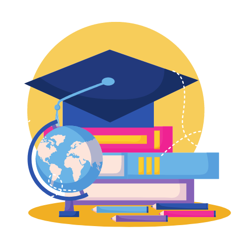 A collection of education-themed icons including a graduation cap atop a stack of colorful books, a globe indicating international knowledge, and a diploma, all representing academic achievement and global learning.