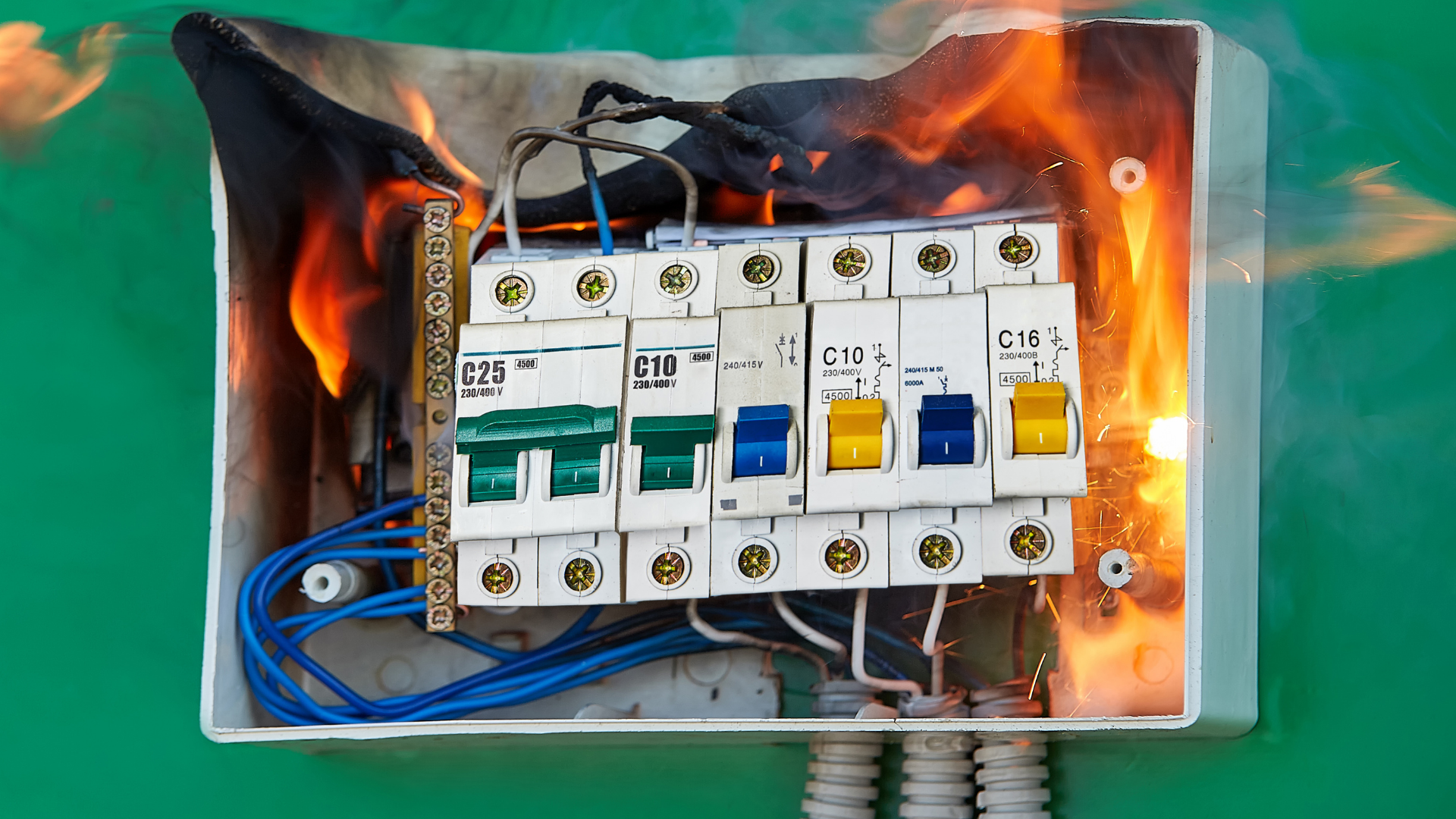 Electrical panel on fire with visible flames and smoke from burnt components, against a green background.