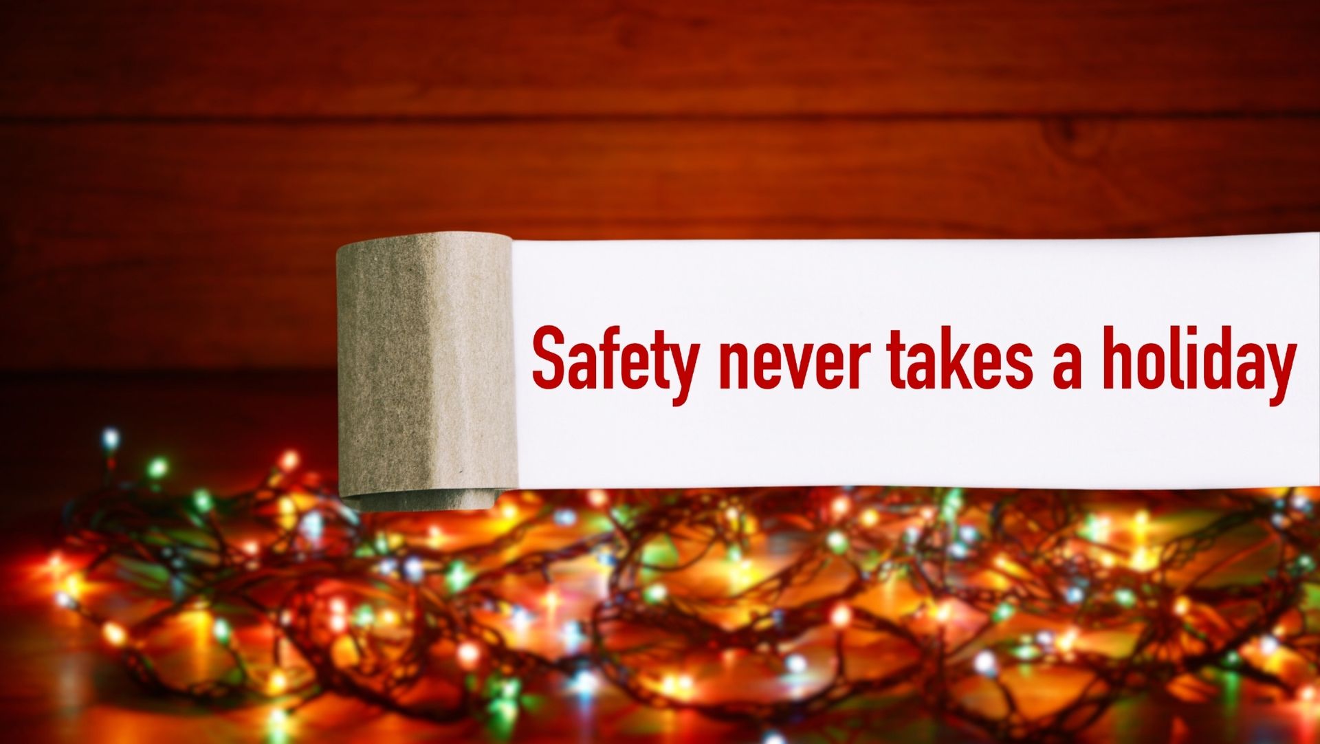 White banner with 'Safety never takes a holiday' text above colorful holiday string lights and cozy background.