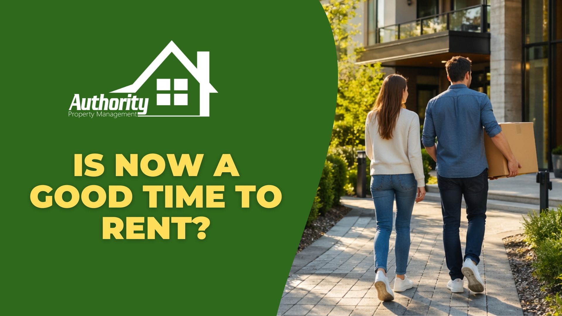 couple walking toward the entrance of a modern residential apartment with a moving box