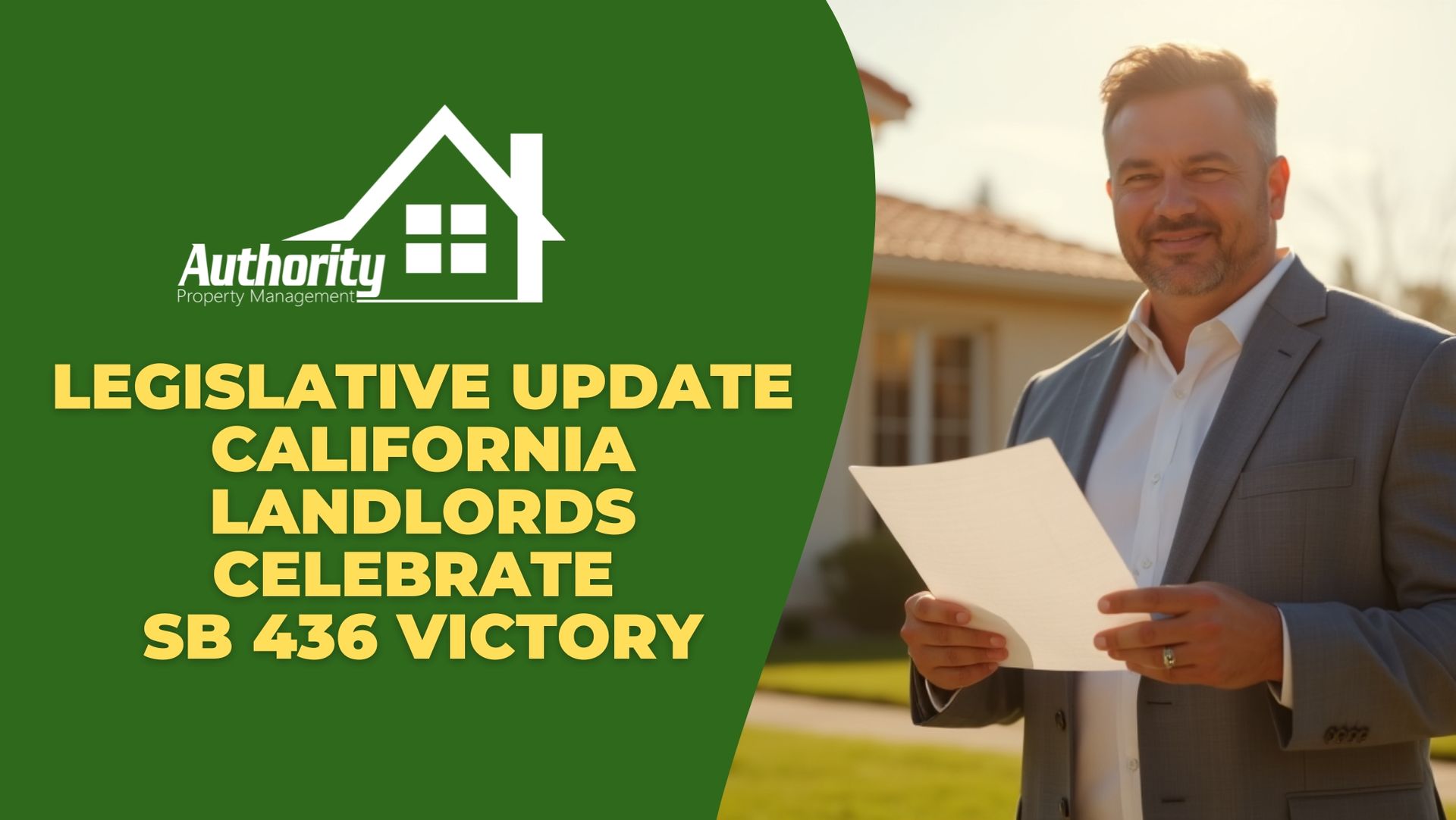 A California rental property with a professional landlord confidently reviewing paperwork outdoors.