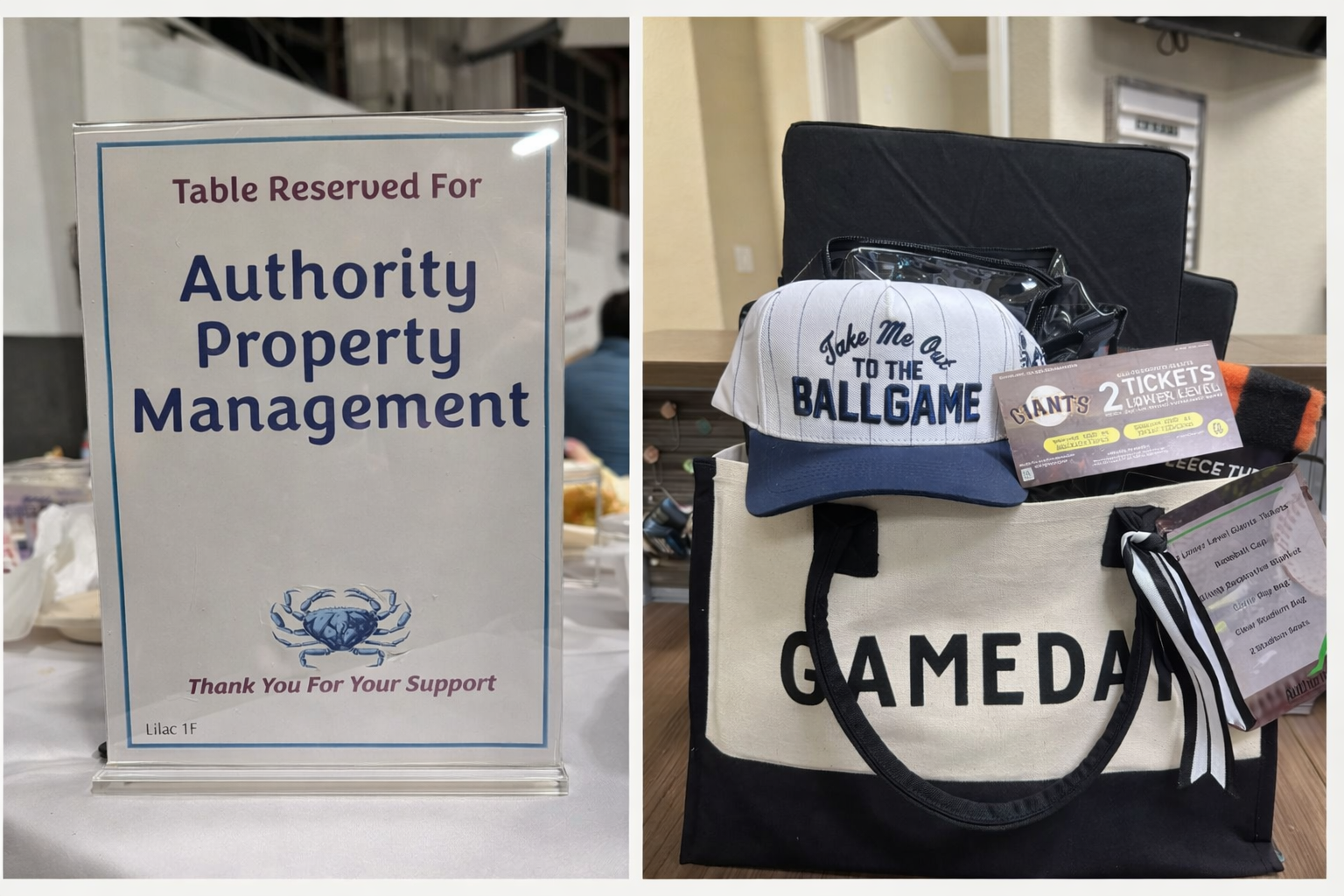 Authority Property Management table sign and baseball-themed raffle basket with MLB tickets at local crab feed.