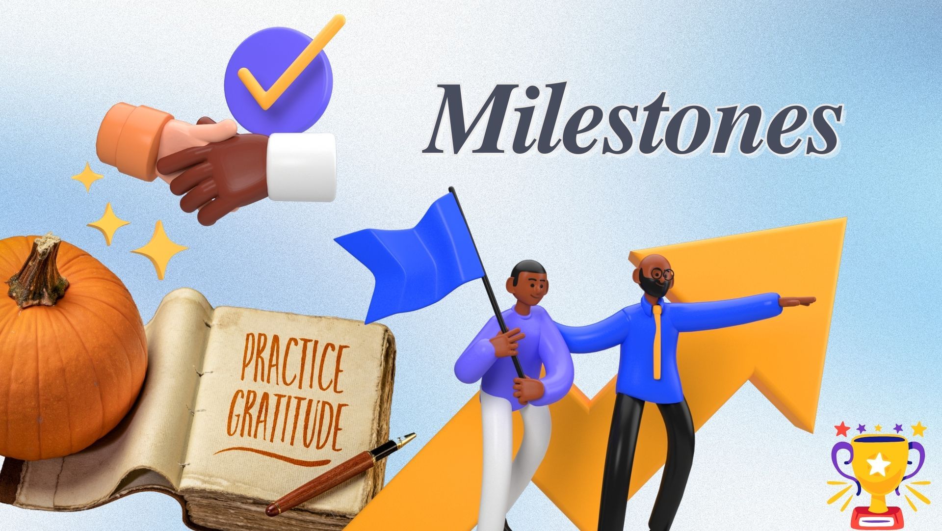 Digital collage with 'Milestones,' showing pumpkin, gratitude book, handshake, blue flag, arrow, check mark, and trophy.