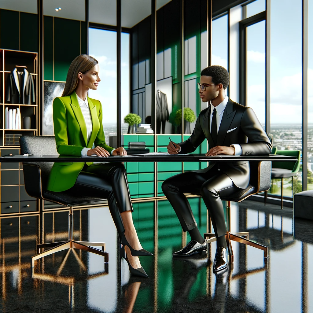 Two professionals chat at a modern office table, with large windows with city views behind them.
