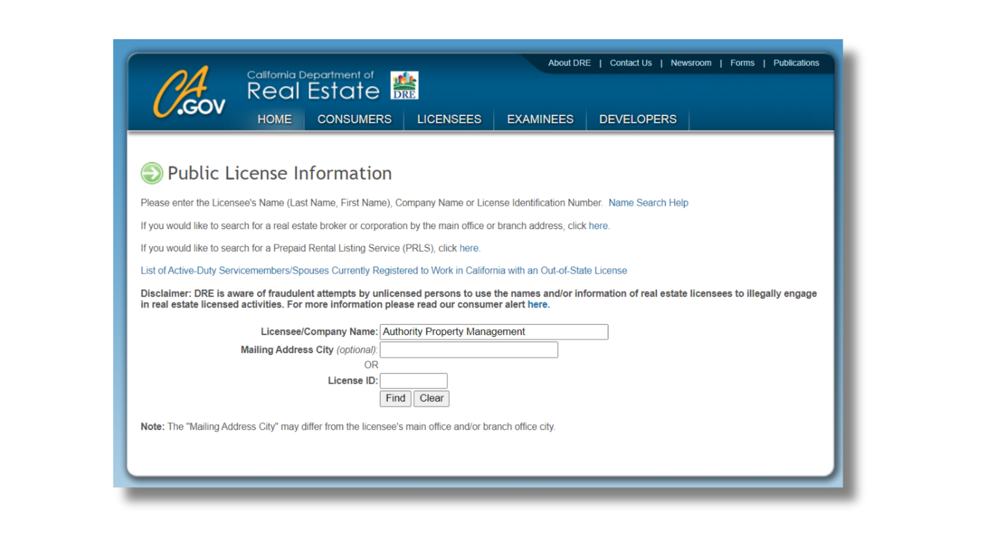 Screenshot of the California Department of Real Estate web page to look up and verify a  license.