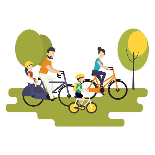 A family enjoying a bike ride together in the park with trees in the background.