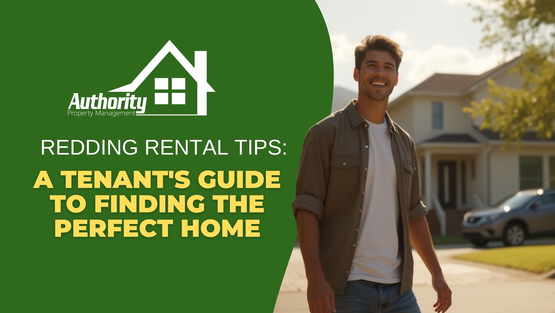 A cheerful young adult man touring a cozy rental home in a sunny Redding neighborhood