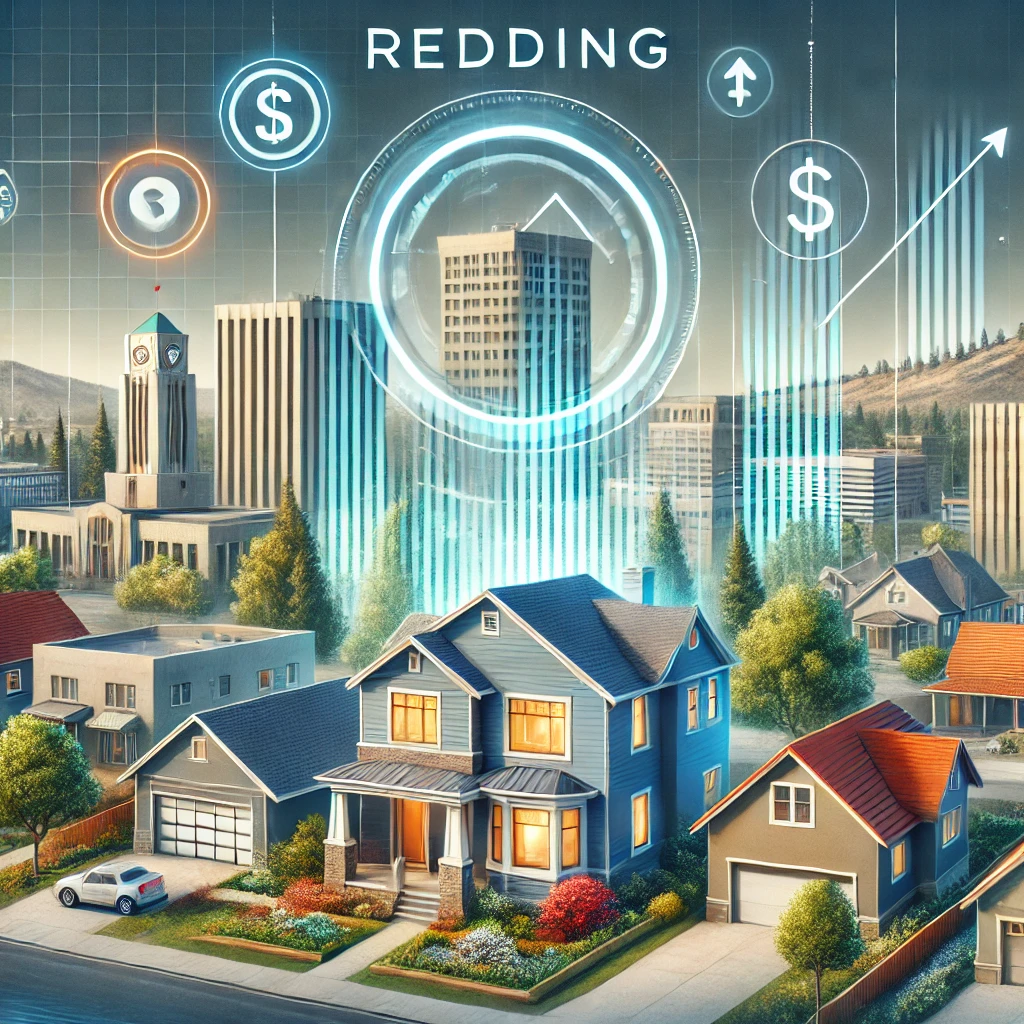 Futuristic Redding cityscape with homes, skyscrapers, and digital icons. Focus: two-story house in foreground.