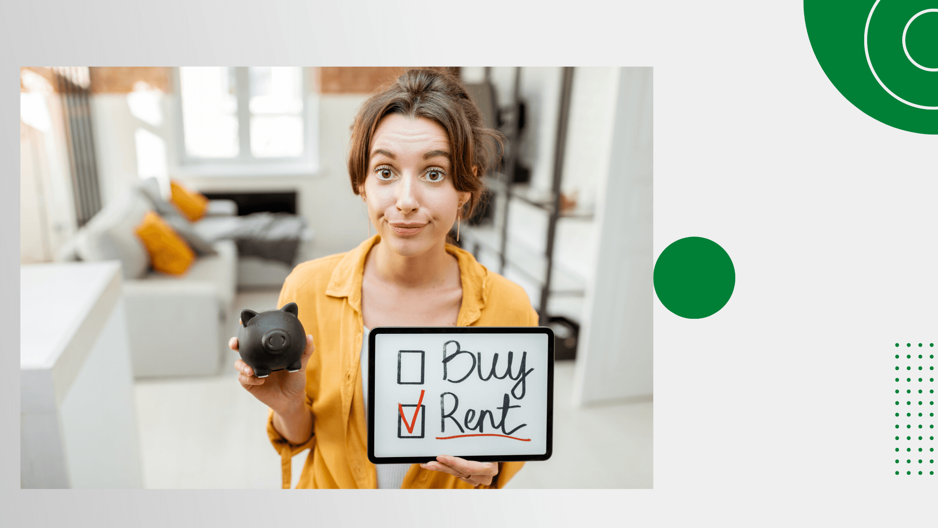 Woman holding sign, 'rent' checked on 'buy or rent' options