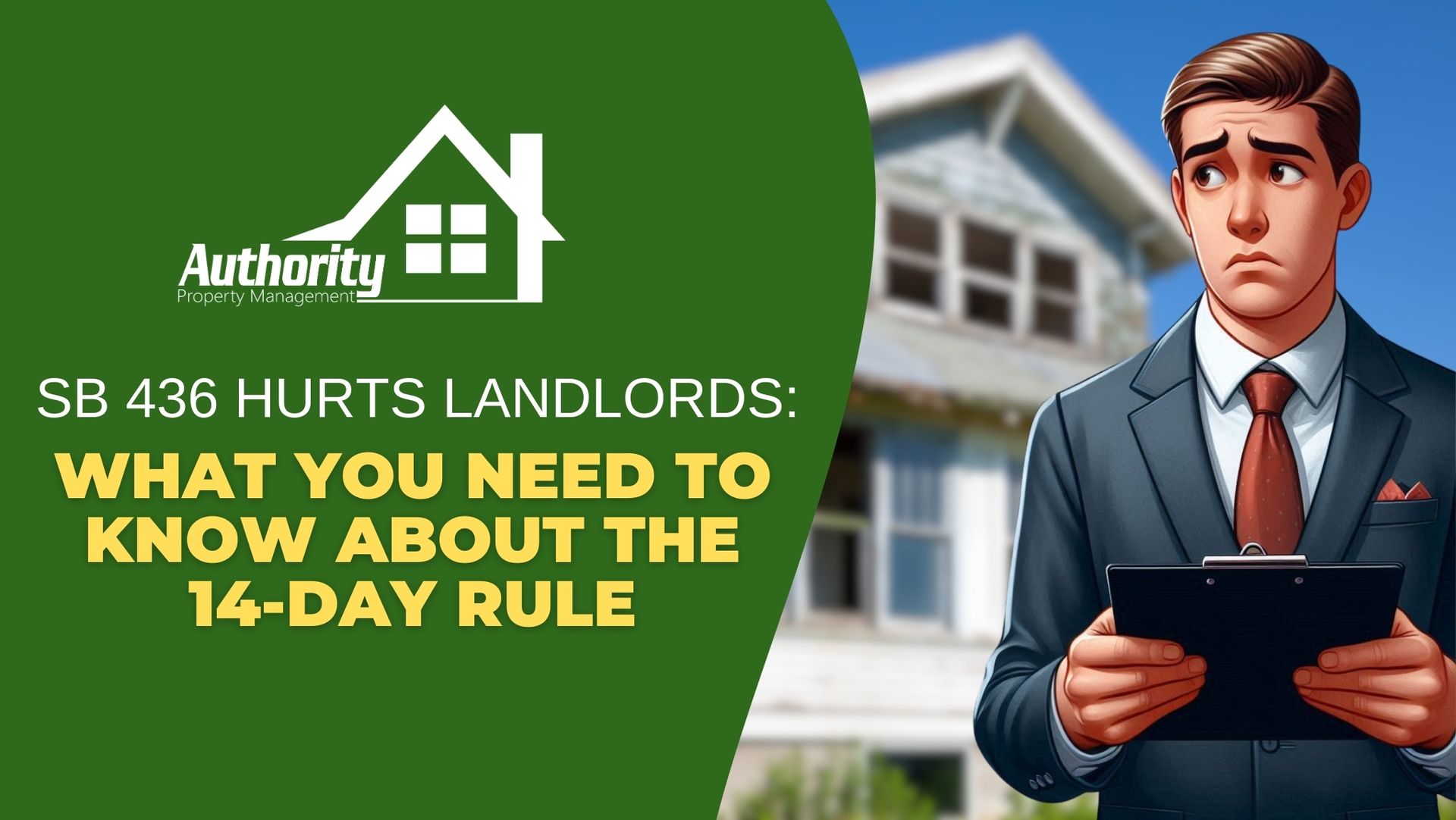 A worried landlord standing outside a modest duplex or apartment complex, holding a clipboard 