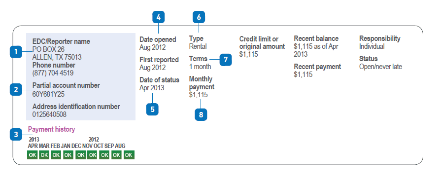 Credit report summary diagram with sections for reporter name, account details, payment history, and statuses.