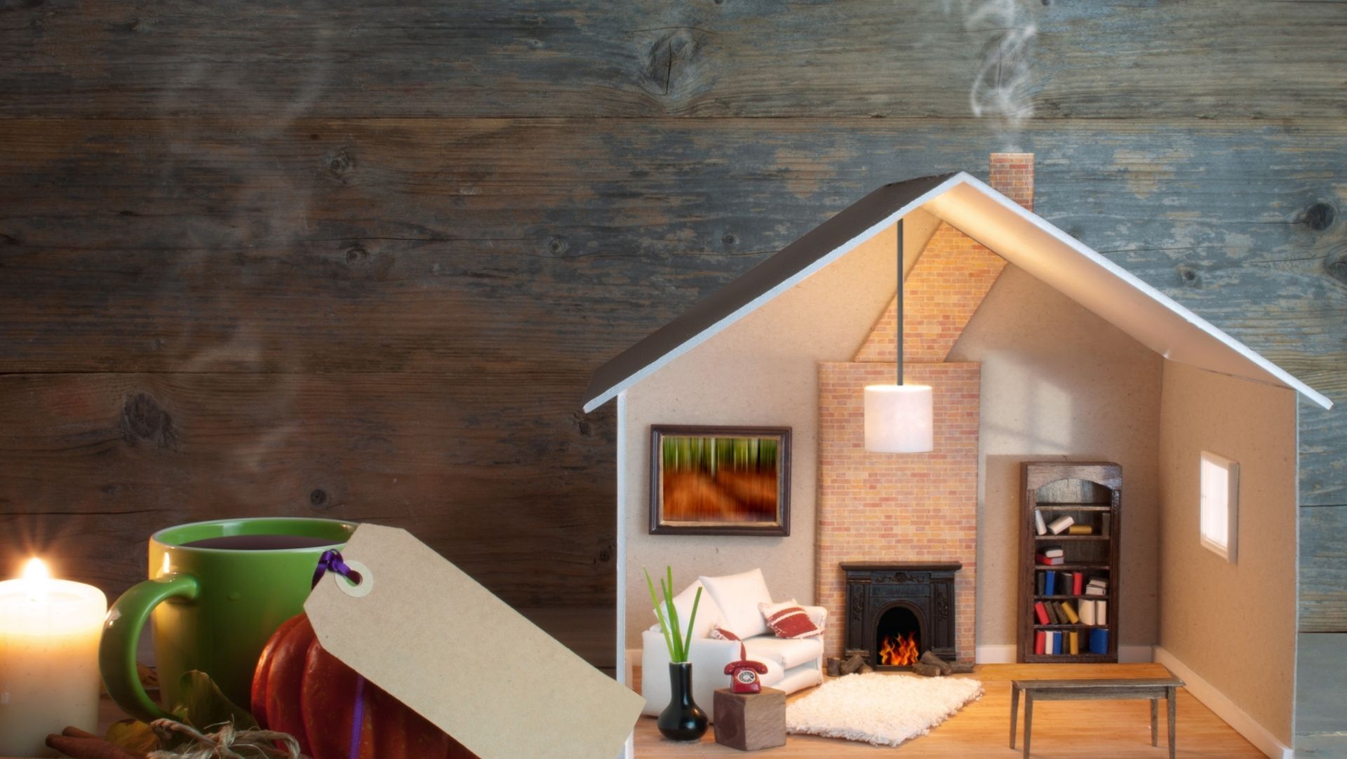 Cozy miniature house interior with lit fireplace, armchair, and steaming cup outside on rustic wood background