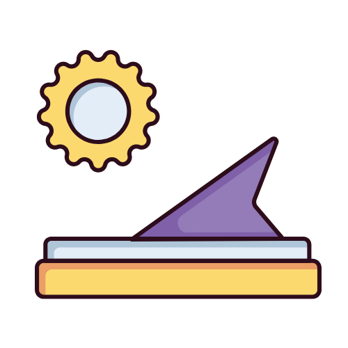 A colorful illustration of a sundial, featuring a purple triangular gnomon and a circular sun motif on a gear-shaped backdrop, all set upon a flat brown base.