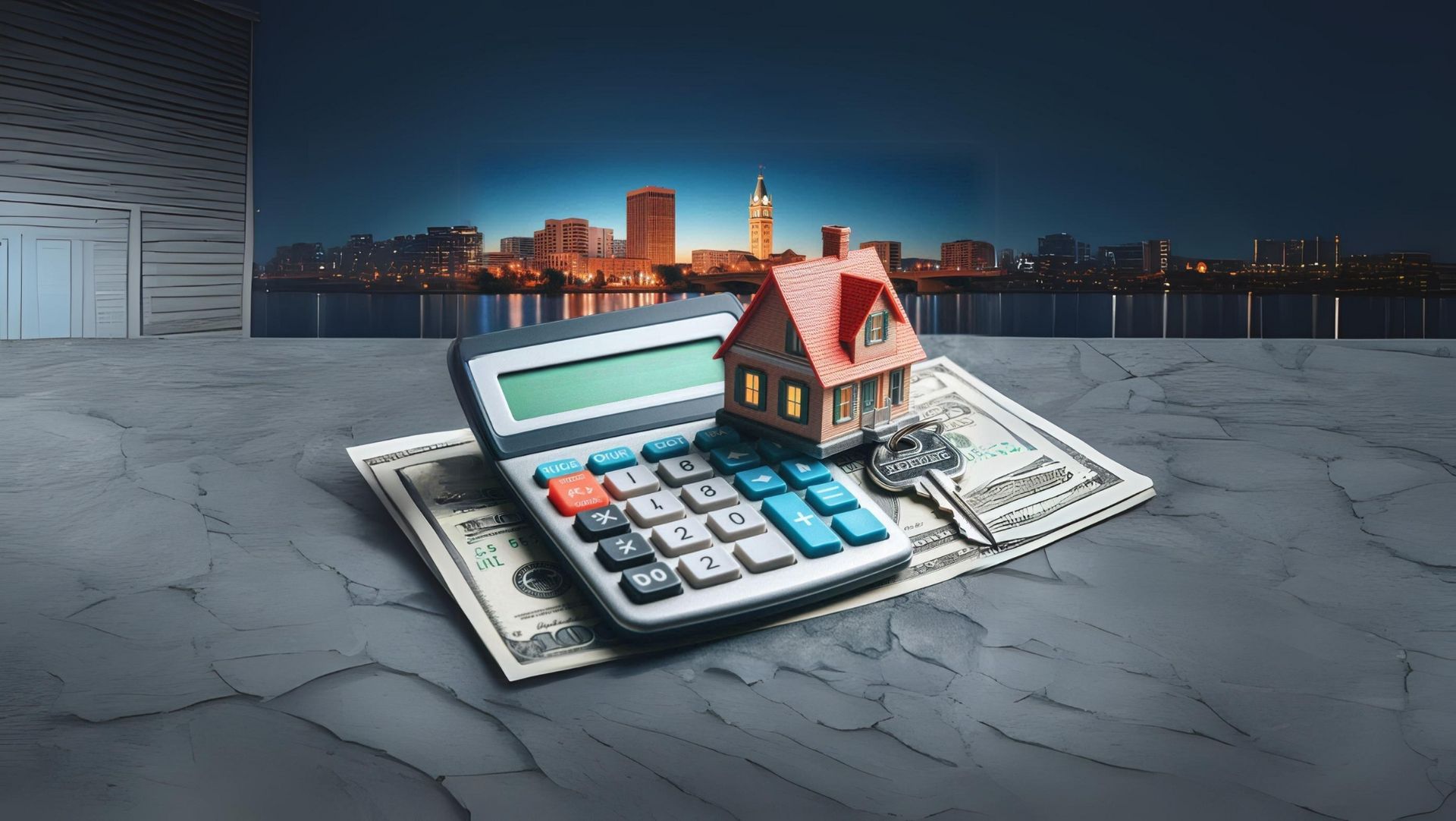 A small model house, a calculator, cash, and a set of keys rest on a concrete surface with a city skyline illuminated.
