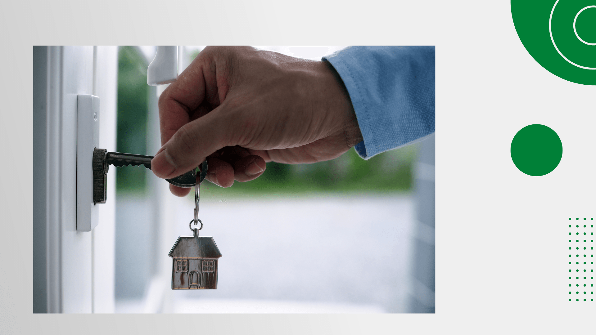 Tenant placing a key in a lock  with a key tag of a rental house.