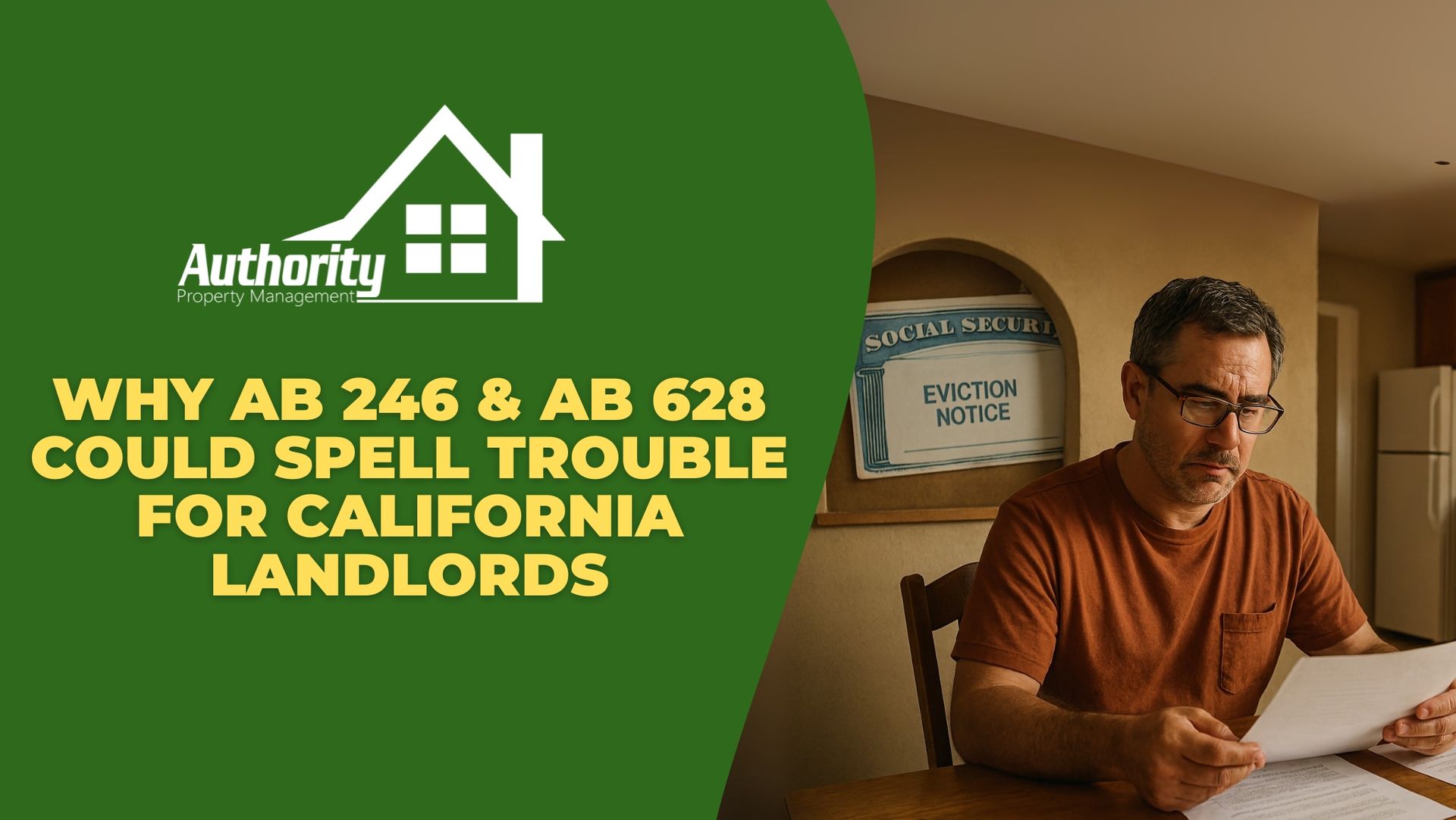 A California landlord reviewing paperwork at a desk, with two symbolic elements in the background
