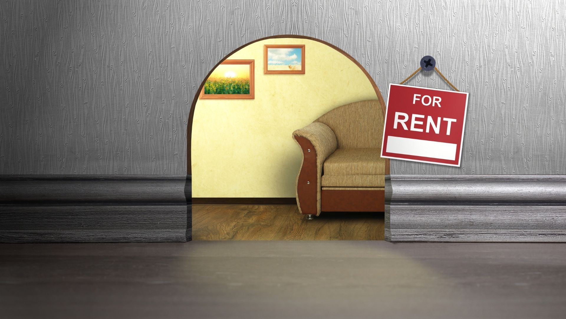 Mouse hole door in gray wall reveals cozy room with sofa and 'For Rent' sign, resembling miniature rental space.