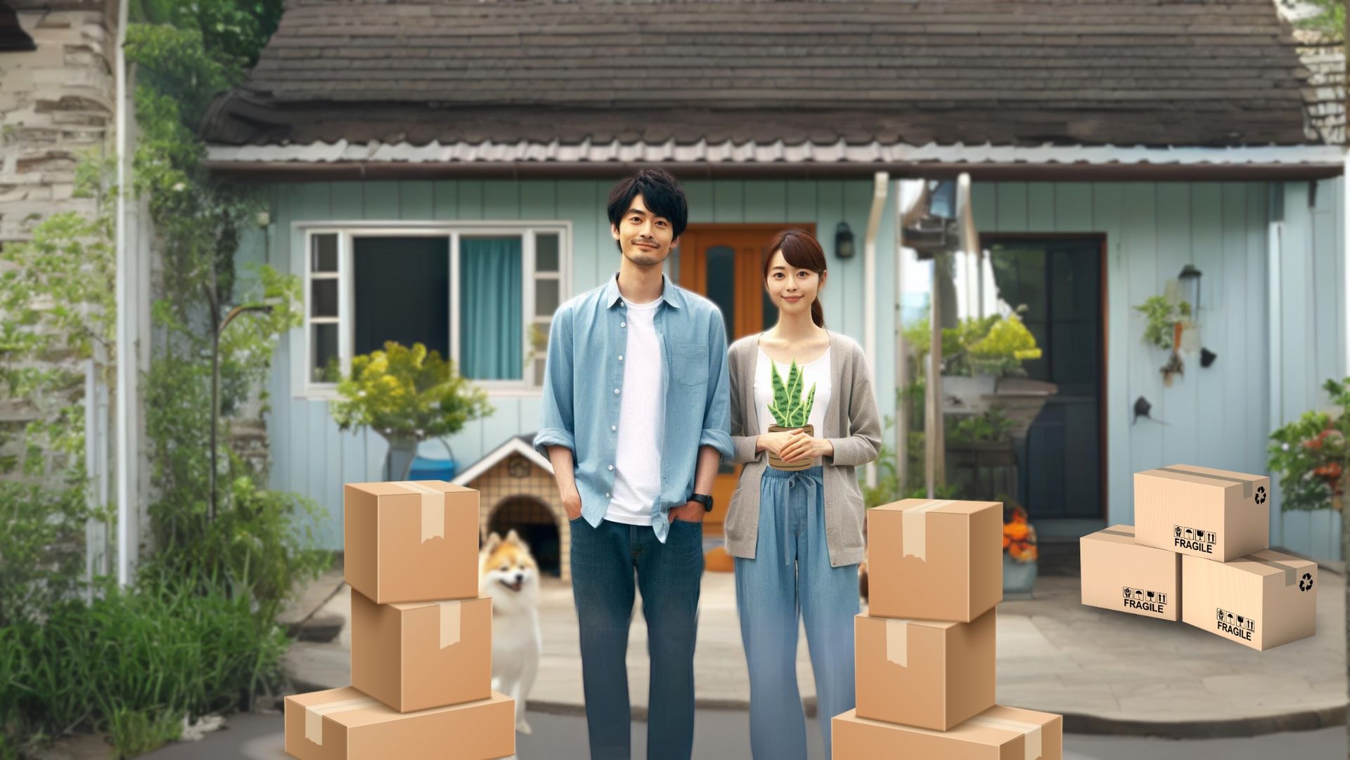 Smiling couple with dog in front of blue house and cardboard boxes, suggesting a move or delivery day.