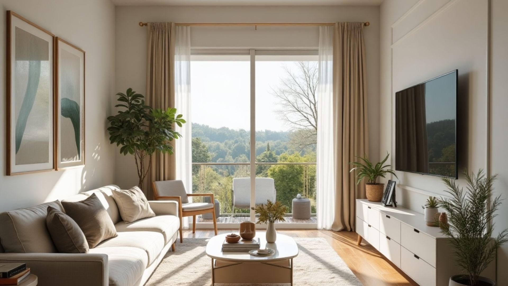 Bright living room with beige sofa, armchair, coffee table, indoor plants, wall art, TV, and large sunny windows.
