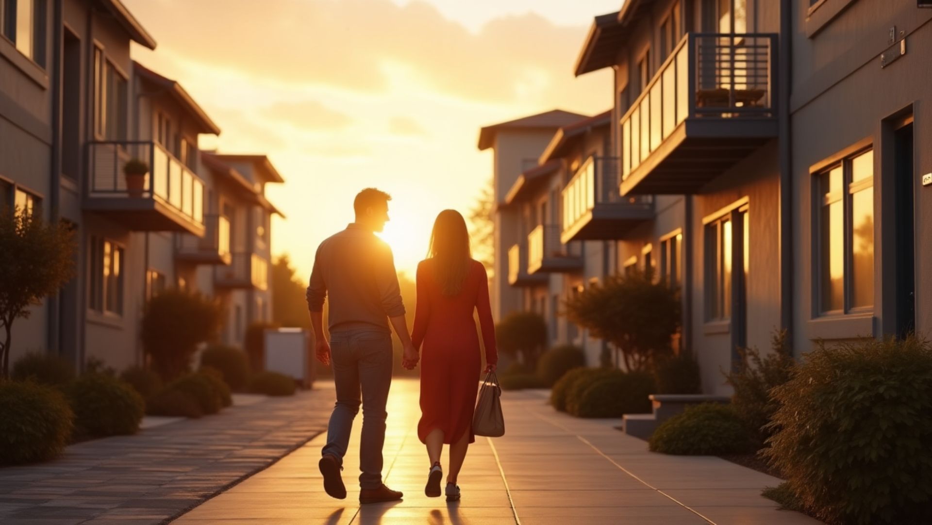 Couple walking hand in hand on modern residential street at sunset with warm light and long shadows.