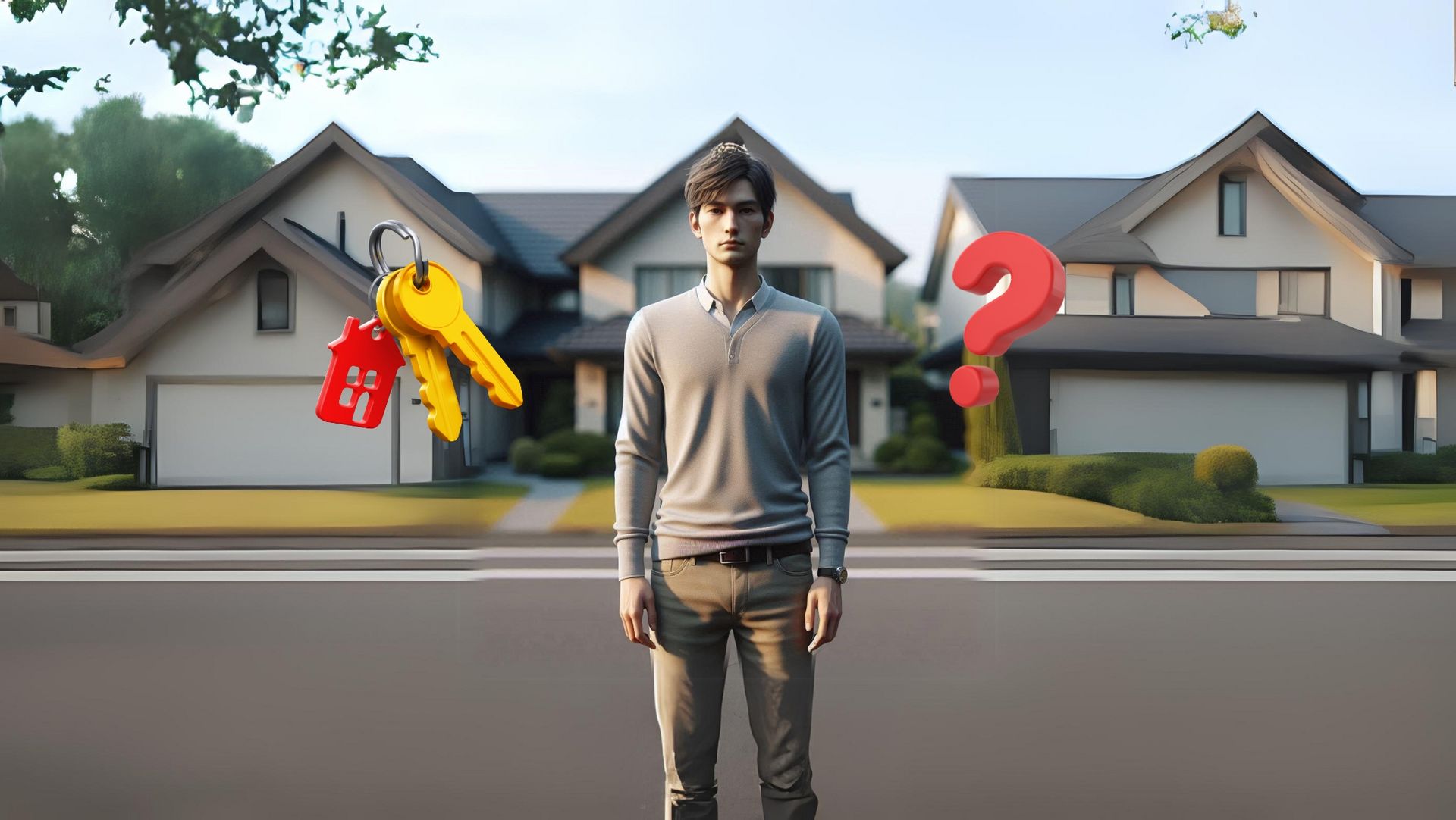 Young man on street with red house key and question mark illustrations, suggesting uncertainty about homeownership.