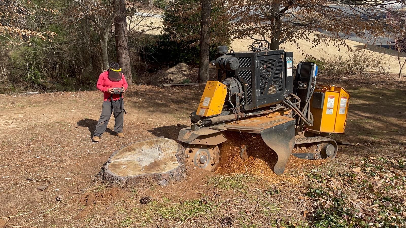 A man is standing next to a stump grinder in a yard.