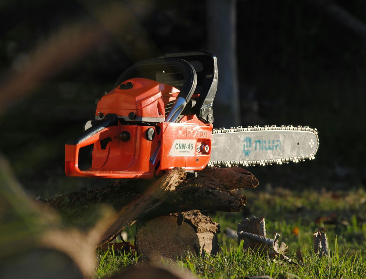 A chainsaw is sitting on top of a log in the grass