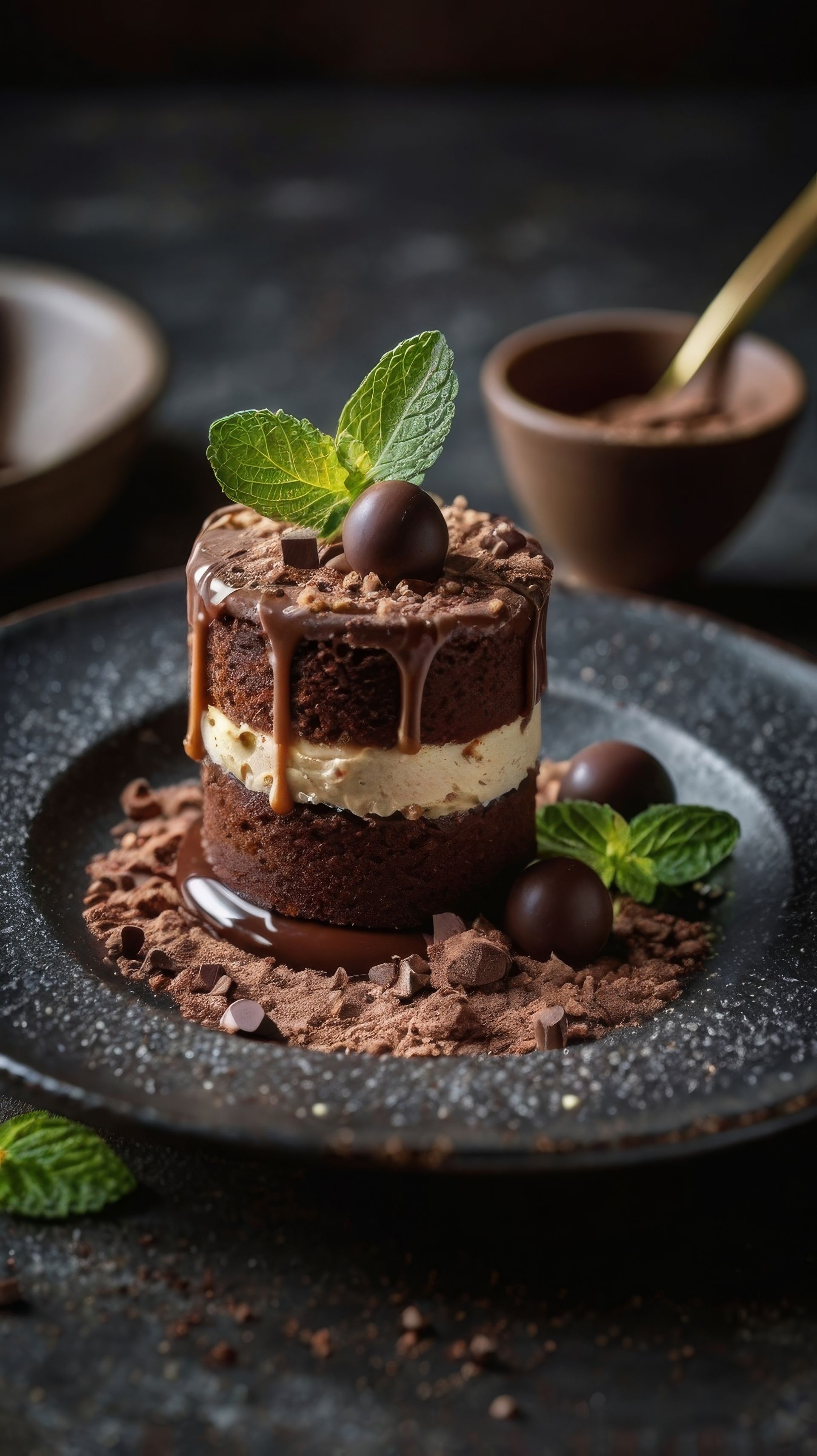 A small chocolate cake with chocolate sauce and mint leaves on a plate.