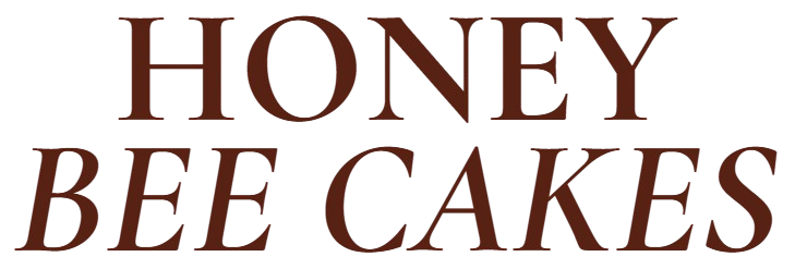A logo for honey bee cakes is shown on a white background.