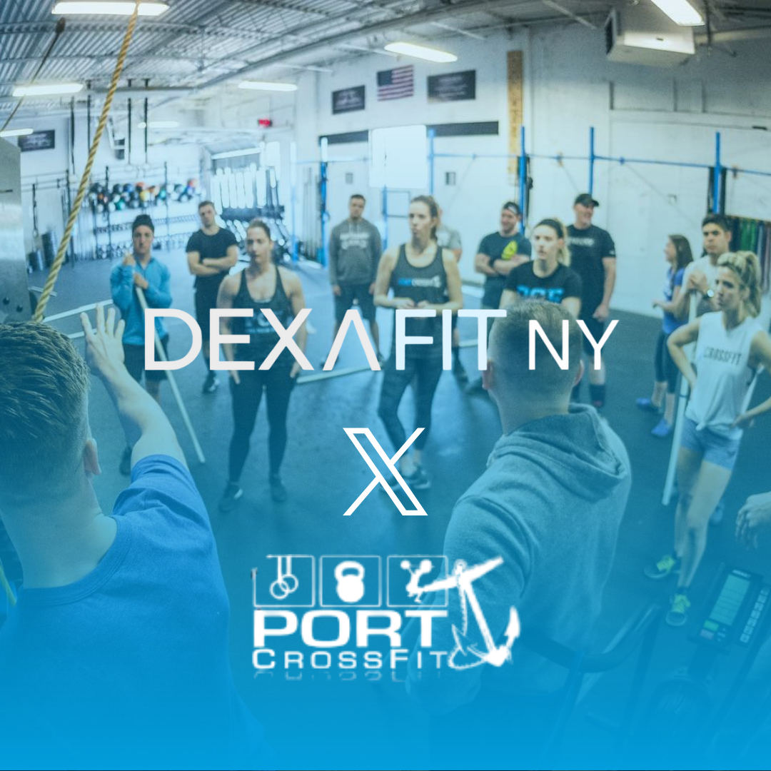 Group of people at a CrossFit gym, workout instruction. DEXAFIT NY logo, Port CrossFit logo, blue tones.
