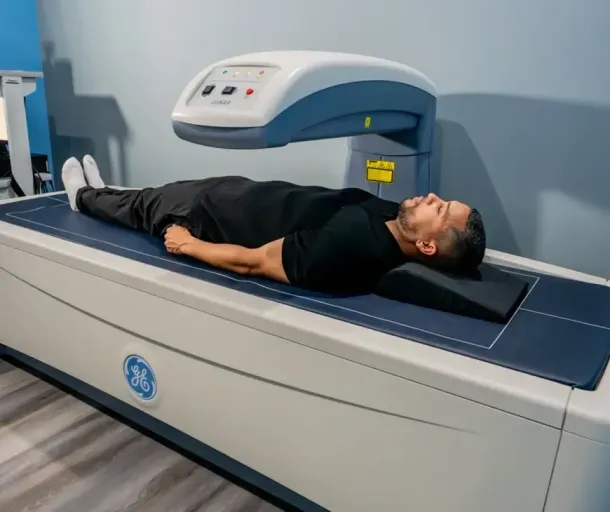 Man lying on a bone density scanner. He wears black clothing and looks up. Room with gray walls.