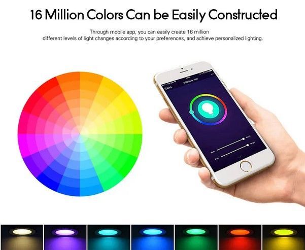 Smart LED downlight, controlled by smartphone, showcasing RGB color options, with Tuya and voice assistant compatibility.