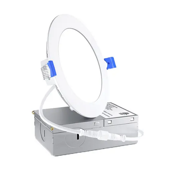 Round white recessed LED ceiling light with a metal box attached.