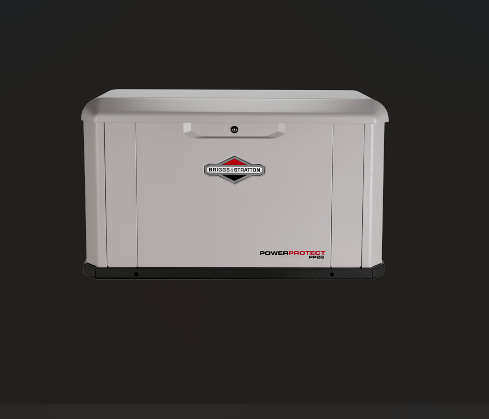 Gray Briggs & Stratton home generator on a dark background.