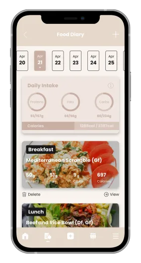 Smartphone app screen showing a beige meal-planning dashboard with daily schedule and food photos.