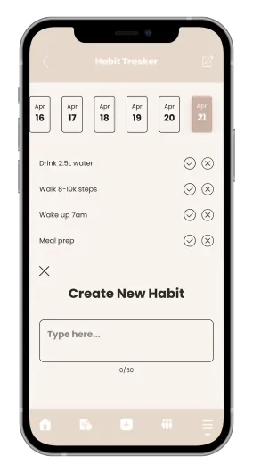 Smartphone screen showing a habit-tracker app with habit list and “Create New Habit” input box.